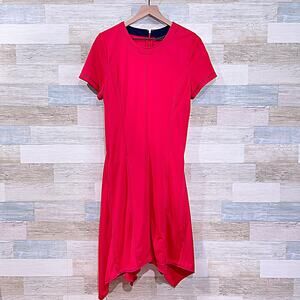 DONNA KARAN NY Hanky Hem Contrast Stitched Dress Red Stretch Womens Medium